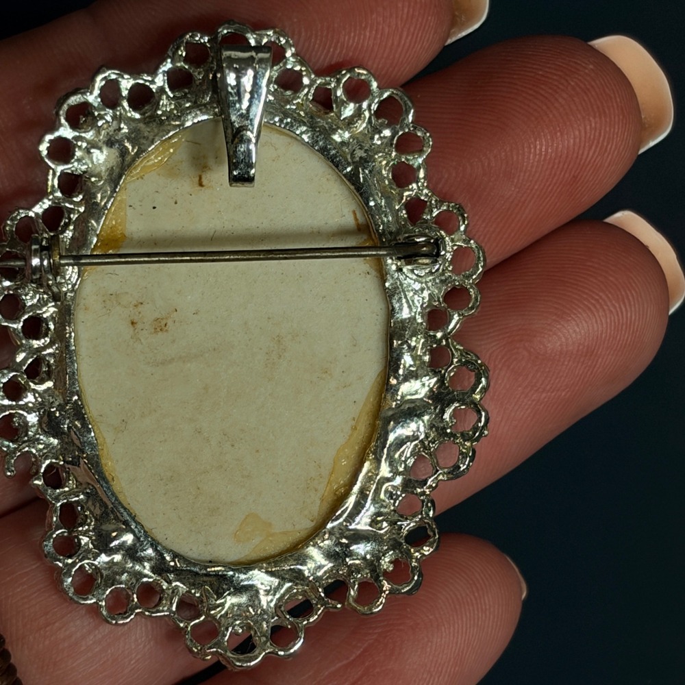 Signed Vtg Hand Painted Porcelain Rose Brooch Pendant Silver Tone Filigree - Picture 8 of 14